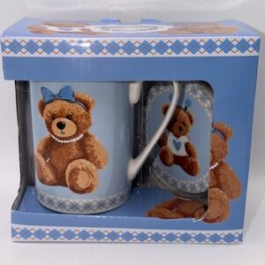 Kent Pottery OS Teddy Bear Mug Coaster Set Blue Bow Heart Cottagecore Coquette